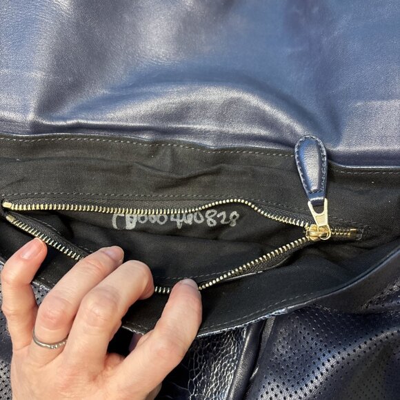 Balenciaga Ostrich Leg Navy Perforated Leather Shoulder Dual Bag Gold Buttons - Picture 8 of 8